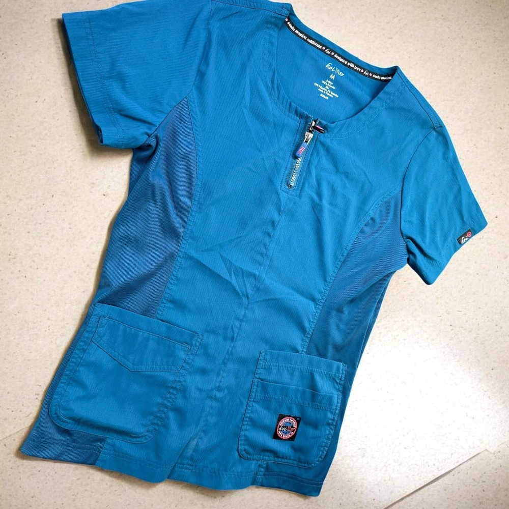 Koi Lite Scrub Top Women M Teal Polyester Stretch Zip Neck Medical Shirt 317